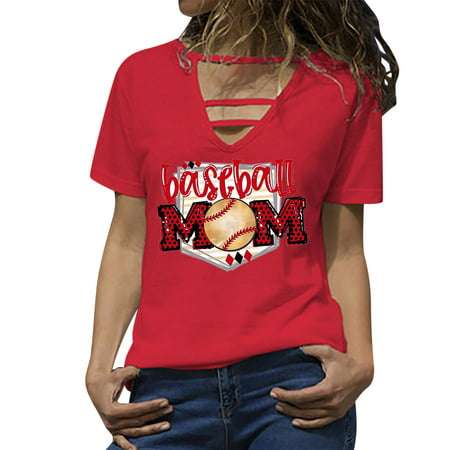 CLZOUD Business Shirts for Women Red Womens Print T Shirts V Neck Summer Short Sleeve Tops Tees L