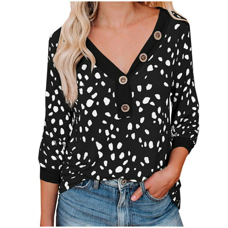 GWAABD Womens Long Sleeve Workout Shirt Print V-Neck Decoration Fashion Spotted Sweatshirt Top Leopard Women Buttons Women S Blouse