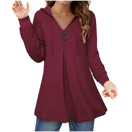 GWAABD Women S Crewneck Sweatshirt Women S V Neck Top Long Sleeve Hooded Tunic Top Button Swing Pullover Top Hoodie Soft Warm Sweatshirts