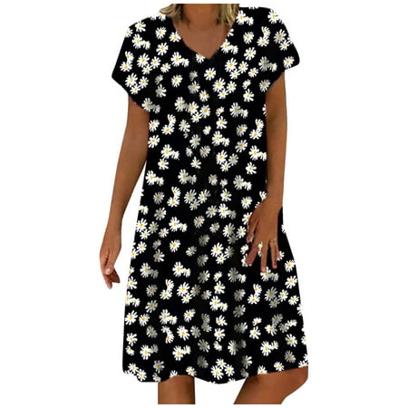 CLZOUD Dresses for Summer Black Polyester Summer Fashion Women Casual Loose Short Sleeves O-Neck Daisy Print Plus Size Dress Xxxxl