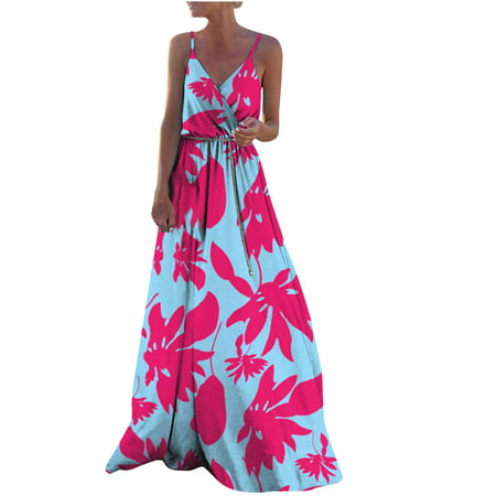 Bigersell Women S Wear to Work Dresses Women S Summer Fashion Printed V-Neck Sleeveless Casual Belt Swing Slip Dress Plus a-Line Dress Style 5325  Fem