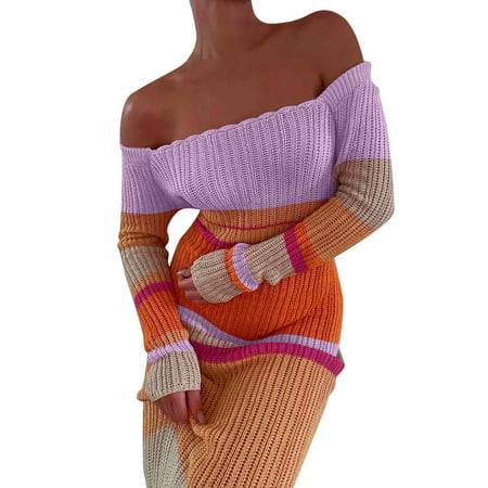 CLZOUD Cute Summer Dresses for Women D Polyester Women U Neck Long Sleeve Dress Contrast Color Cutout Knit Dress Xxl