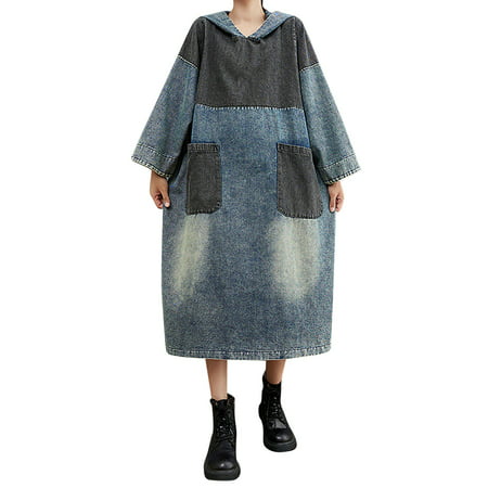 GWAABD Women S Clothing Womens Retro Contrast Denim Hooded Mid Length Dress Women Slit Loose Skirt Dress