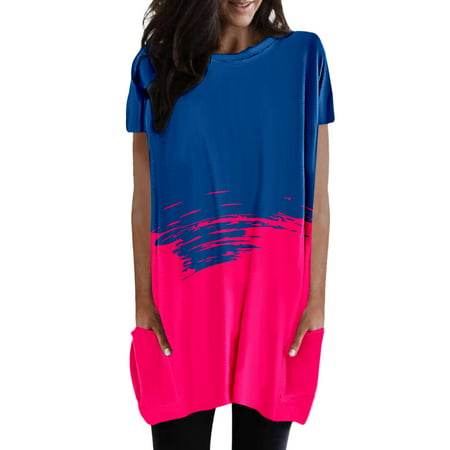 CLZOUD Women T Shirts Hot Pink Women Summer Casual Round Neck Short Sleeve Pocket Color Tie Dye Gradient Print Long Top M