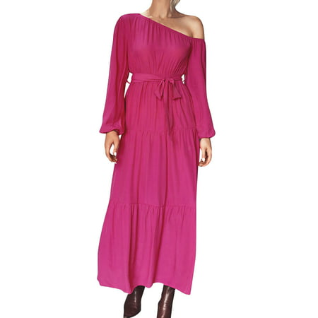 GWAABD White Plus Size Dress Ladies Temperament One Shoulder Waist Tie Long Sleeve Dress
