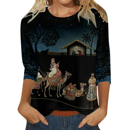 GWAABD Women Spring Long-Sleeved Shirt Women S Christmas Print of the Casual Trend of Long Sleeved Round Necked Loose T Shirt Shirt