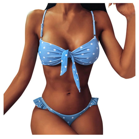 CLZOUD Bikini Star Ribbon Beach Sexy Bikini Blue Womens Dot Print Beach Bikini Set Ladies Tow PC Holiday Swimwear Pool Swimsuit S