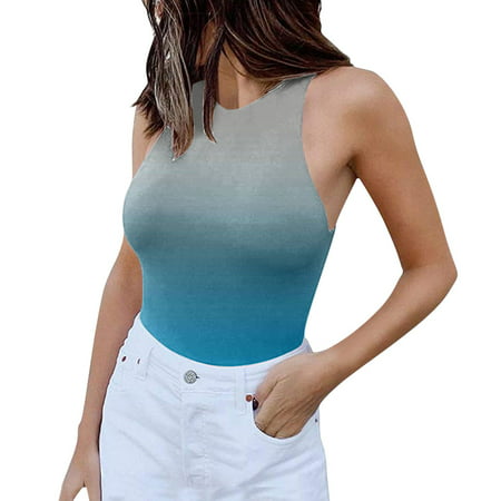 GWAABD Sleeveless Romper for Women Women Sleeveless Tight Round Neck Sleeveless Tank Top Gradient Print Jumpsuit