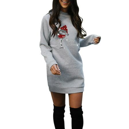 GWAABD Bohemian Dress for Women Summer Women Merry Christmas Letter Print Sweatershirts Long Sleeve Crewneck Lightweight MIDI Pullover Dress