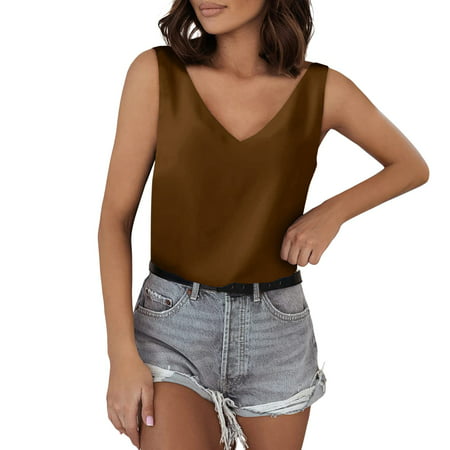 GWAABD Womens Tank Tops Casual Cami Summer Tops Tank Tops for Women V Neck Silk Summer Satin Sleeveless Blouse Basic Camisole Shirts