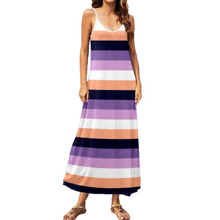 CLZOUD Dresses Summer Casual Purple Polyester Women Printed Round Neck Maxi Dresses Summer Spaghetti Strap Dress Sundress Beach Dress Xxl