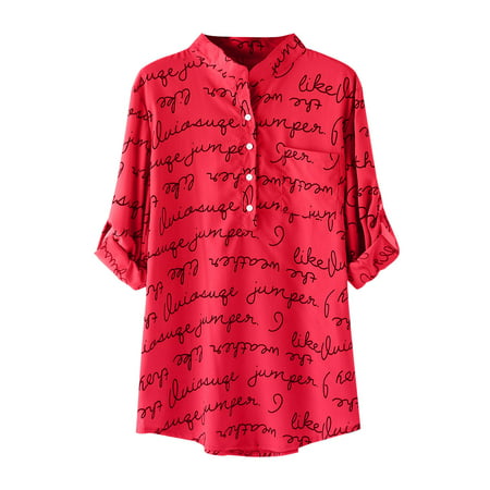 CLZOUD Womens T-shirt Red Polyester Women S Long Sleeve Letter Printing Button Turn-down Collar Shirts Blouses Tops Xl