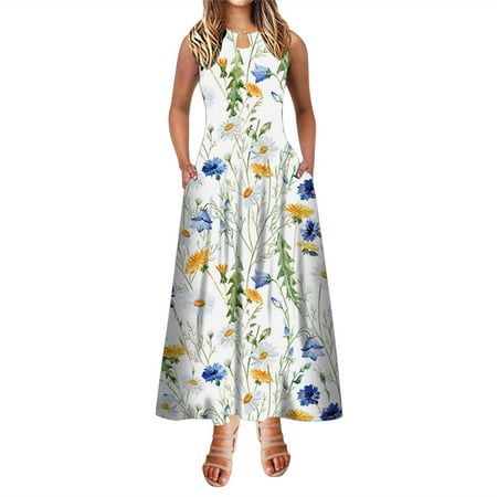 CLZOUD Women S Dresses Casual White Polyester Spandex Women a Line Dress Maxi Long Dress Sleeveless Floral Print Pocket Print Spring Summer Round Neck