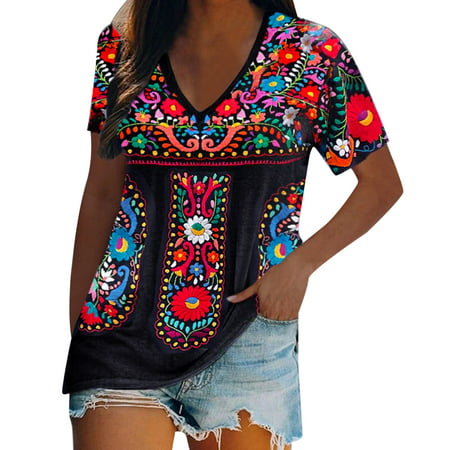 GWAABD Womens Long Sleeve Shirt Women S Summer V Neck Fashion Flower Print Short Sleeve T Shirt Top Blouse