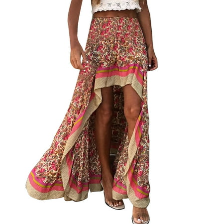 CLZOUD Dresses Casual Red Cotton Women S Summer New Cotton Floral Print Irregular a Line Skirt Half Skirt
