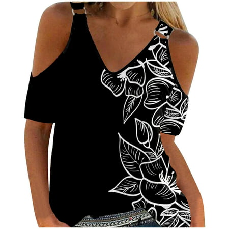 CLZOUD Womens T Shirts Trendy Black Women Casual Summer Off Shoulder V Neck Positioning Print Short Sleeve T Shirt Top Xxl