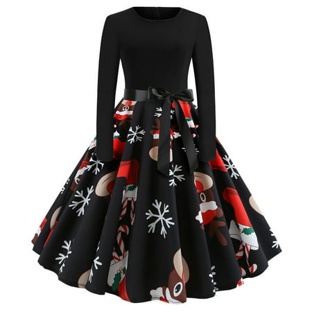 GWAABD Boho Floral Dress Women S Vintage Print Long Sleeve Christmas Evening Party Swing Dress