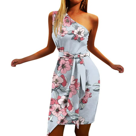 CLZOUD Women Flowy Dress Grey Polyester Spandex Women One Shoulder Summer Dress Casual Sleeveless Tie Front Dress Boho Tank Top Mini Dress Beach Sun D