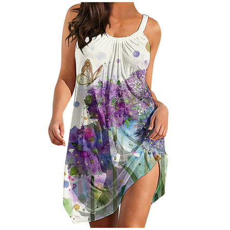 GWAABD Summer Dress Casual Womens Summer Dress Sleeveless Halter Mini Dresses Casual Print Beach Sundress