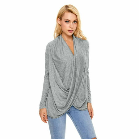 CLZOUD Summer T-shirt Grey Ladies Loose Temperament Irregular Pile Collar Long Slim T-shirt Top Xl
