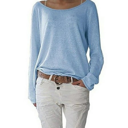 CLZOUD Work Shirts for Women Business Blue Women S Solid Color Knitted T-shirt Top Round Neck Long Sleeve Bottoming Shirt M
