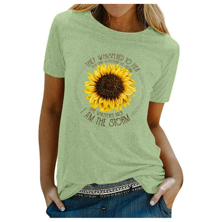 CLZOUD Casual Summer T Shirts Green Polyester Women S Casual O-Neck Sunflower Printing Short Sleeve Slim Tee T-Shirt Xxl