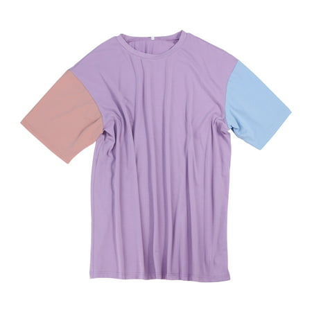 CLZOUD Shirts for Women Casual Summer Purple Polyester Ladies T-shirt Round Neck Short Sleeve Stitching Loose Fashion Top Xl