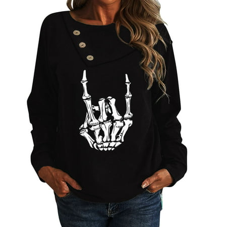 CLZOUD Women T Shirts Black Womens Casual Fashion Crew Neck Lapel Button Long Sleeve Tops T Shirt Blouse L