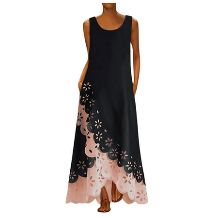CLZOUD Summer Dress Casual Pink Polyester Women Sleeveless Print Round Neck Long Maxi Dress Beach Shirt Dress M