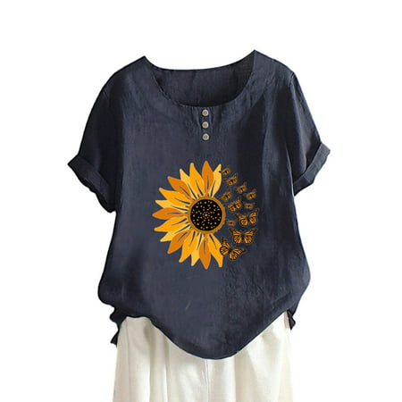 CLZOUD Shirts for Women Dressy Navy Cotton and Linen Women Butterfly Floral Print Decorated Button Loose Casual Crewneck Short Sleeve T Shirt