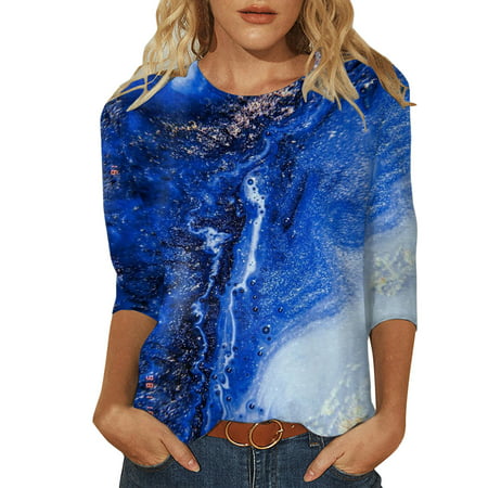 CLZOUD Womens T Shirt Summer Dark Blue Womens Summer Casual Tops Three Quarter Sleeve Crew Neck Vintage Print T Shirt S