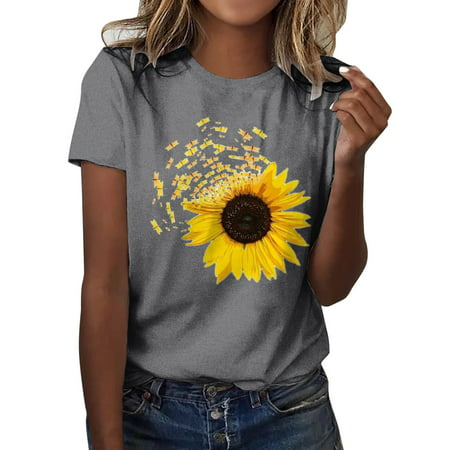 CLZOUD Womens Casual Shirts Grey Women S Classic Version of Cotton Short Sleeve Crewneck Loose Printed T Shirt