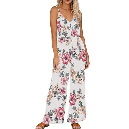 GWAABD Smocked Jumpsuit Womens Casual Sleeveless Strap Loose Jumpsuits Long Pants Romper