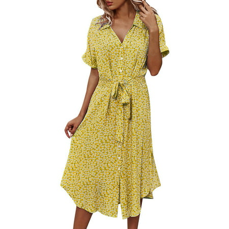 GWAABD Women’S Dresses Women S Dresses Summer Boho Bohemian Casual Button Short Sleeve Floral Print Lace up Maxi Beach MIDI Dress
