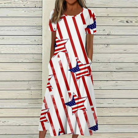 Perfect Summer Gift HIMIWAY Maxi Cheap MIDI Wedding Guest Plus Size Women 4807 Summer Loose Casual Large Size Patriot V-Neck Sleeveless Dress White L