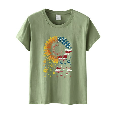 CLZOUD Dress Shirts for Women Trendy Cotton Womens American T Shirts Summer Cute USA Flag Sunflower 4th July Patriotic Tees Tops M
