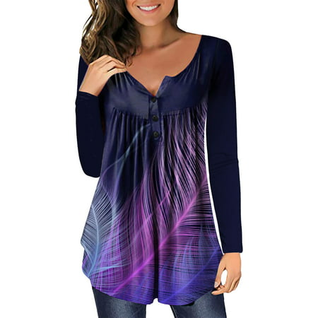 GWAABD Trendy Tops Women Fashion Womens V Neck Printed Buttons Long Sleeve Asymmetric Hem Top