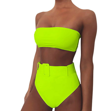 CLZOUD Summer Swimming Suit Green Women Solid Buckle Bikini Push-up Padded High Waist Swimwear Swimsuit Set L