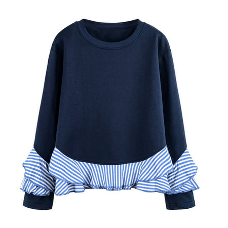 CLZOUD Elegant Blouses for Women Blue Cotton Fashion Womens Long Sleeve Sweatshirt O Neck Ruffle Causal Tops Blouse L