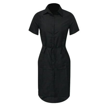 CLZOUD Summer Dresses for Women Black Polyester Spring and Summer Women S Long Shirt Dress Mid Length Dress M