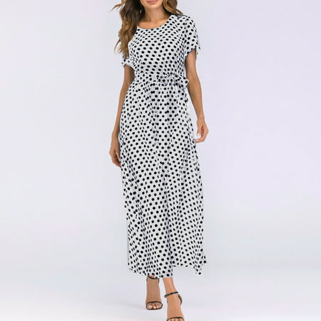 GWAABD Dresses with Shorts Underneath Beach Women Sleeve Bandage Dot Fashion Dress Long Polka Short Maxi O-Neck Women S Dress