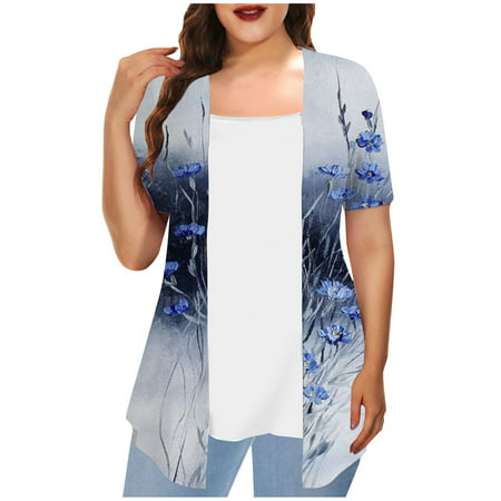 Tops for Women 2312 Fake Two Casual Summer T Shirts Short Sleeve Tunics EKOUSN