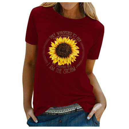 CLZOUD Womens T Shirt Summer Wine Polyester Women S Casual O-Neck Sunflower Printing Short Sleeve Slim Tee T-Shirt Xxxl