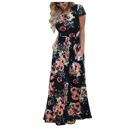 GWAABD Black Dress for Women MIDI Length Women S Casual Floral Printed Dress Short Sleeve Maxi Dress with Pockets