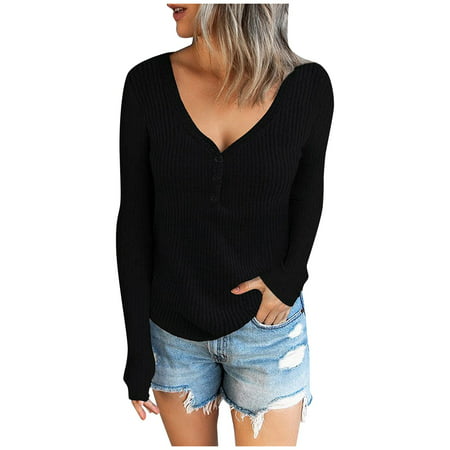 GWAABD Womens Tops Casual Women S Casual Solid Color Shirt Blouses Long Sleeve Button V-neck Ribbed Tunic Elegant Soft Top T-shirt