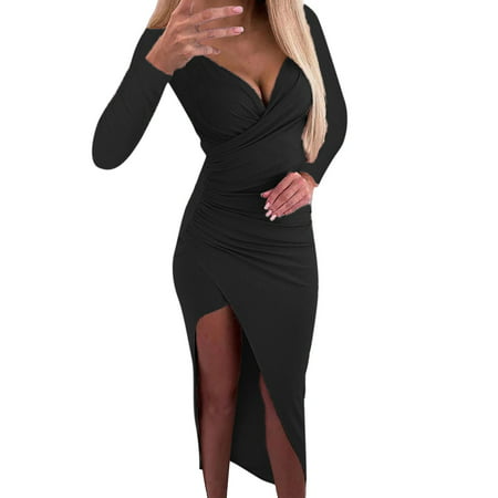 GWAABD Form Fitting Dress for Women Ladies Clubwear Low Cut V Neck Long Sleeve Slim Tight Long Women Dress Sequined Irregular Party Evening Prom Gown 