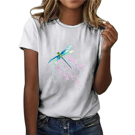 Women S Tops Fashion Dandelion Printed Graphic Round Neck Tunic Tees Summer Teen Girls Casual Loose Fit Blouse T-Shirt