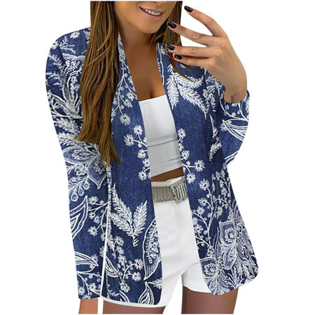 GWAABD Peacoat Women Ladies Fashion Bohemian Print Long Sleeve Open Front Slim Blazers Coat Casual Formal Suit Jacket for Office Ladies