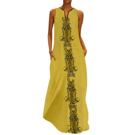 GWAABD Women Evening Dresses Women Casual Maxi Striped V-Neck Vintage Dress Printed Summer Daily Sleeveless Women S Dress