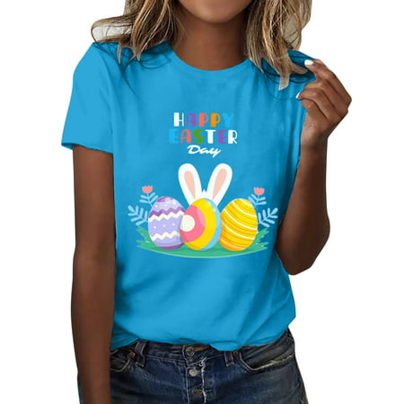 GWAABD Long Sleeve Tops Fashion Blouse for Women Casual Easter Day Printing Shirts Round Neck Short Sleeve Tee Tops Tunic Shirt